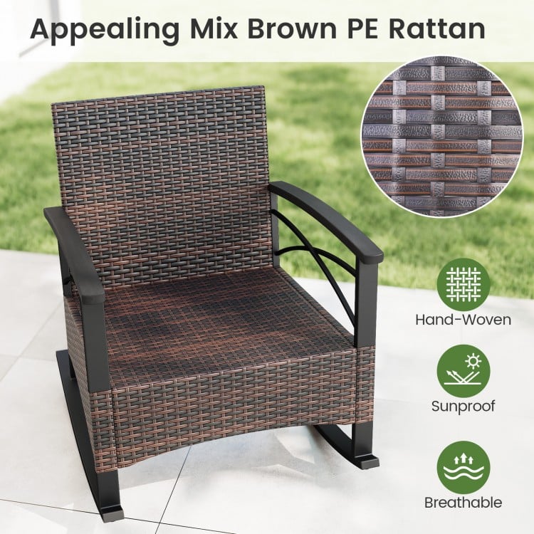 3 Piece Rocking Bistro Set PE Rattan Rocker Chairs with Acacia Wood Top Table-Gray