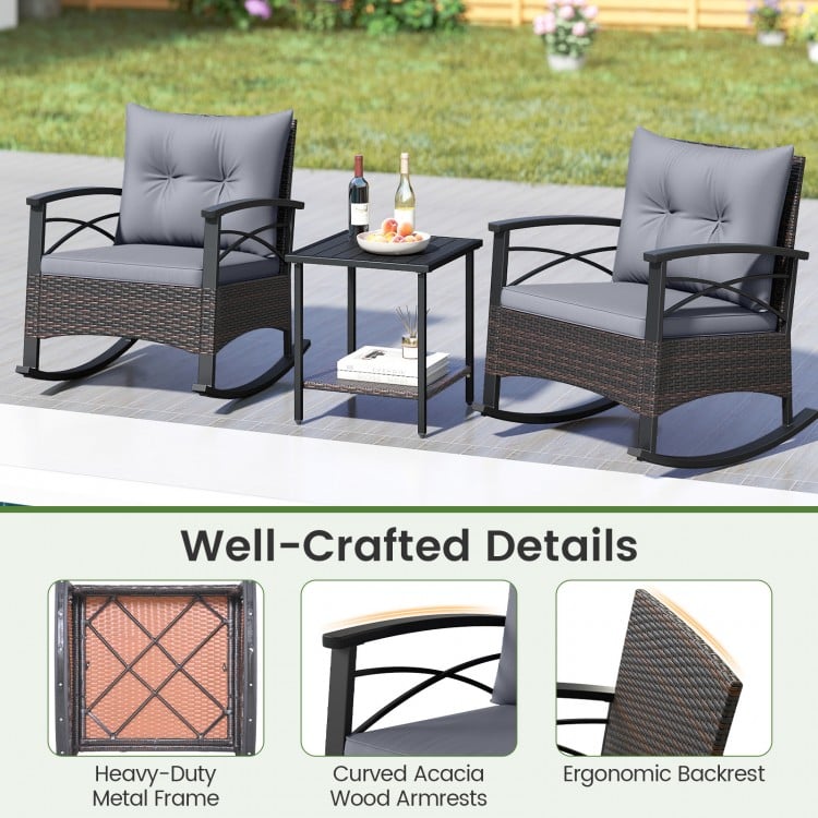 3 Piece Rocking Bistro Set PE Rattan Rocker Chairs with Acacia Wood Top Table-Gray