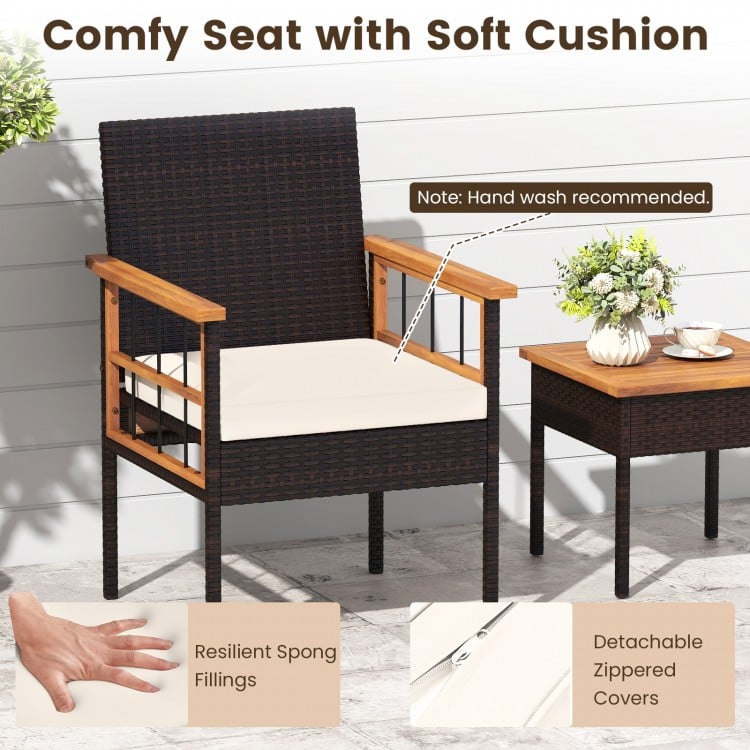 3 Piece Wicker Furniture Set with Acacia Wood Tabletop and Armrest for Balcony-White