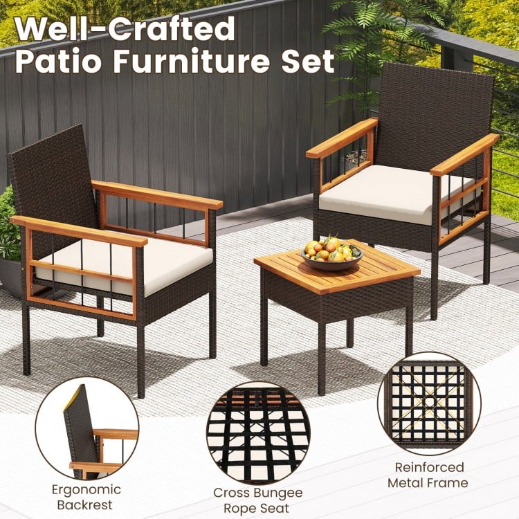 3 Piece Wicker Furniture Set with Acacia Wood Tabletop and Armrest for Balcony-White