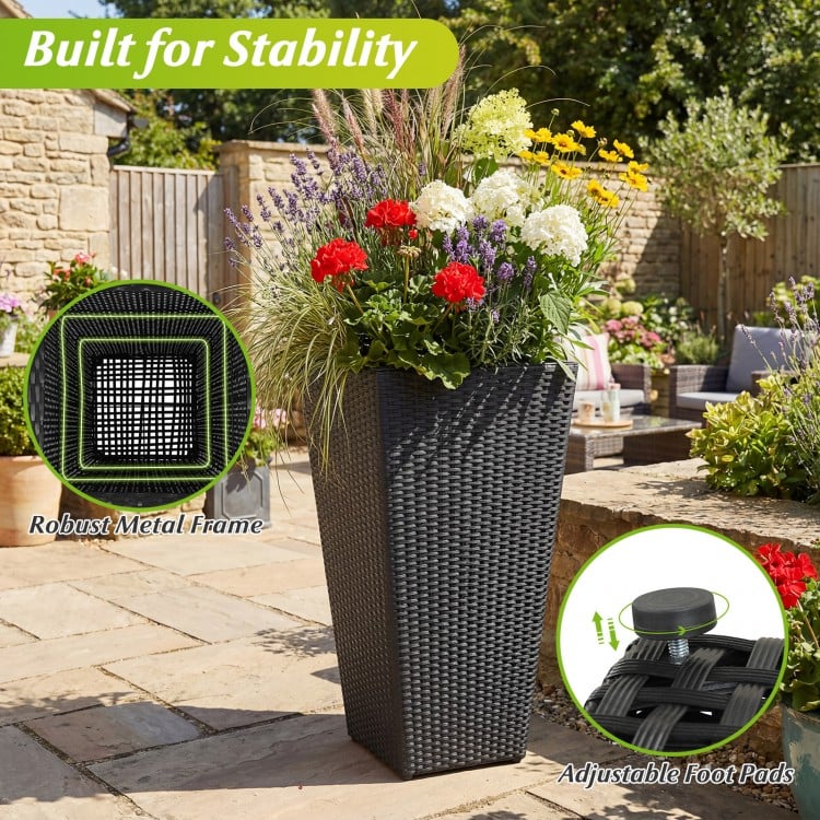 3-Piece Wicker Planters Tapered PP Rattan Plant Boxes with Plastic Flower Pots-Black