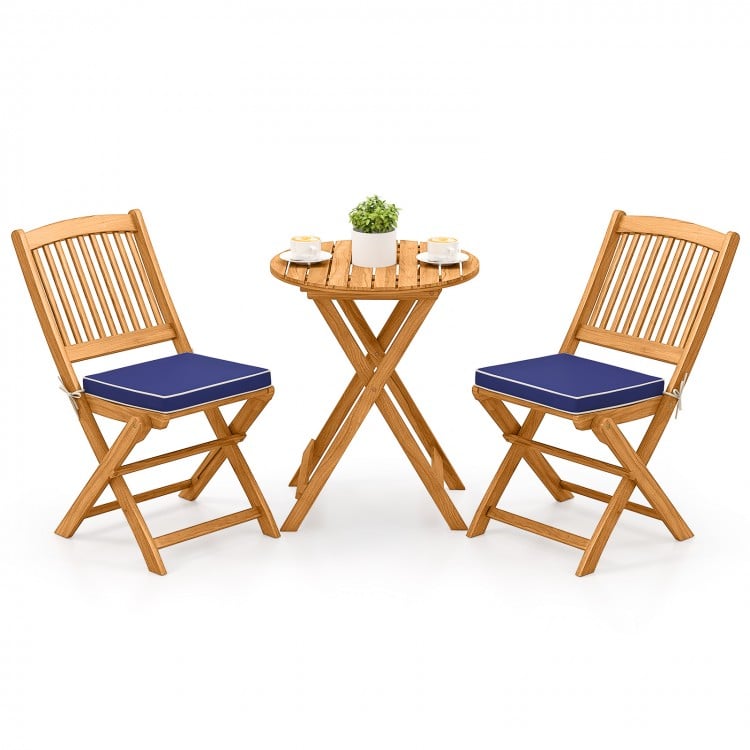 3 Pieces Acacia Wood Patio Folding Bistro Set with Soft Cushions-Navy