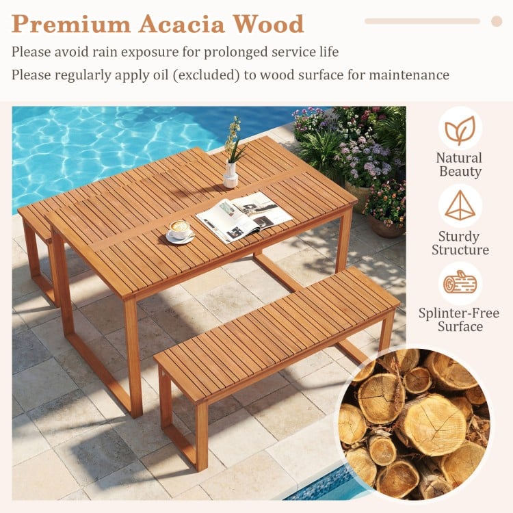 3 Pieces Acacia Wood Picnic Set with Outdoor Dining Table and 2 Benches for 4 People