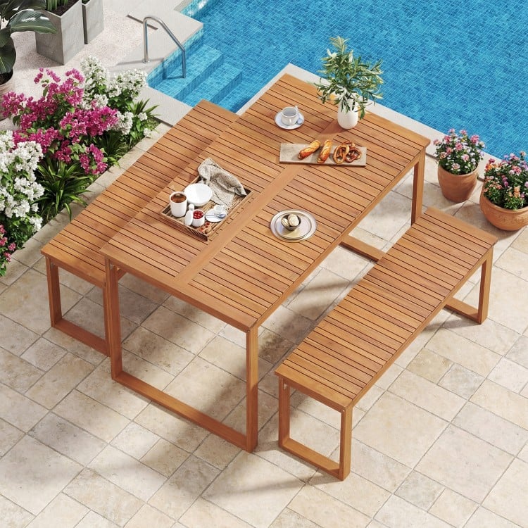 3 Pieces Acacia Wood Picnic Set with Outdoor Dining Table and 2 Benches for 4 People