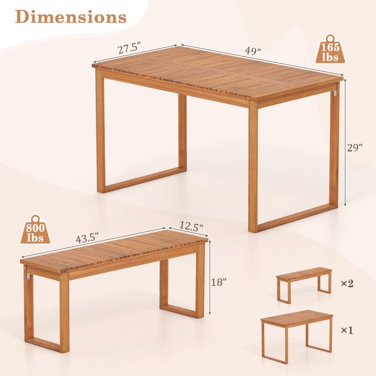 3 Pieces Acacia Wood Picnic Set with Outdoor Dining Table and 2 Benches for 4 People
