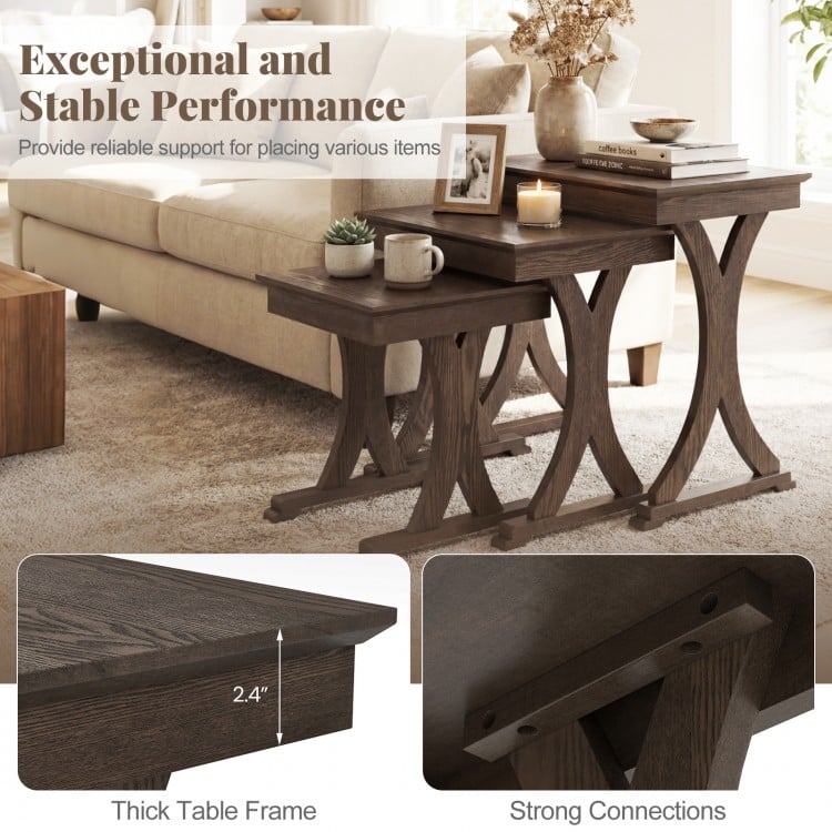 3 Pieces Nesting Coffee Table Side Table with Solid Rubber Wood Legs-Brown