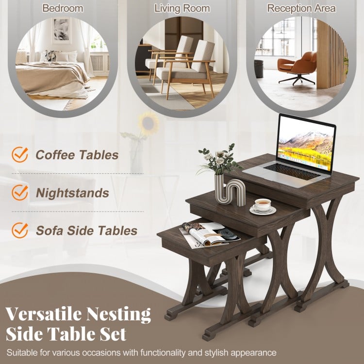 3 Pieces Nesting Coffee Table Side Table with Solid Rubber Wood Legs-Brown