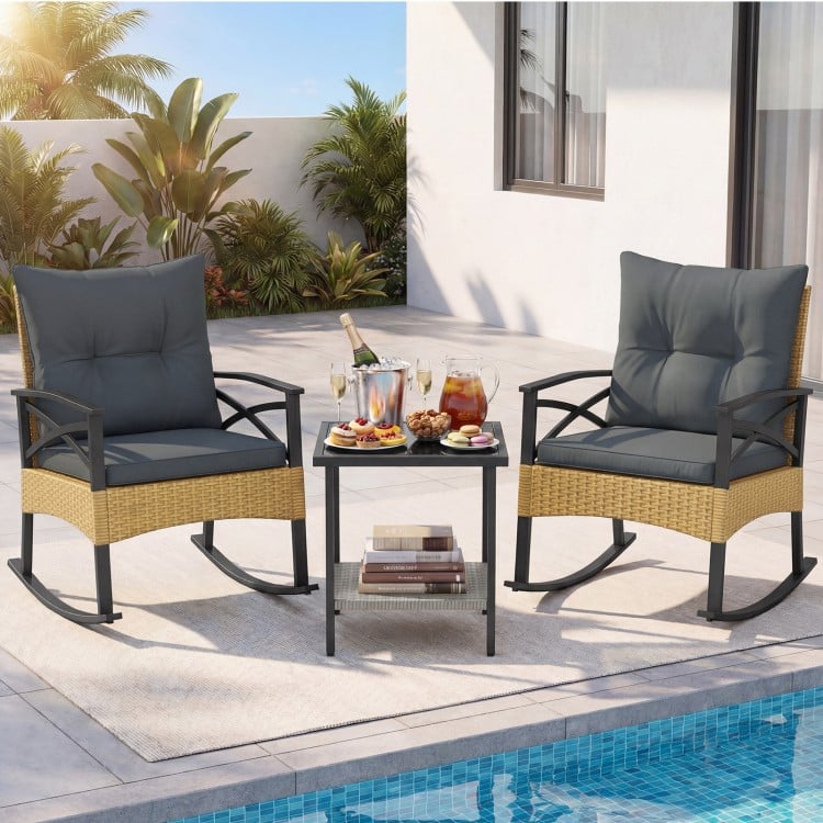 3 Pieces Outdoor Rattan Rocking Chairs Set with 2-Tier Side Table for Garden Backyard-Gray
