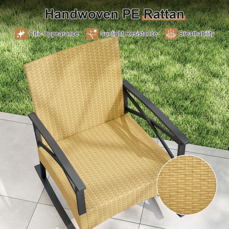3 Pieces Outdoor Rattan Rocking Chairs Set with 2-Tier Side Table for Garden Backyard-Gray