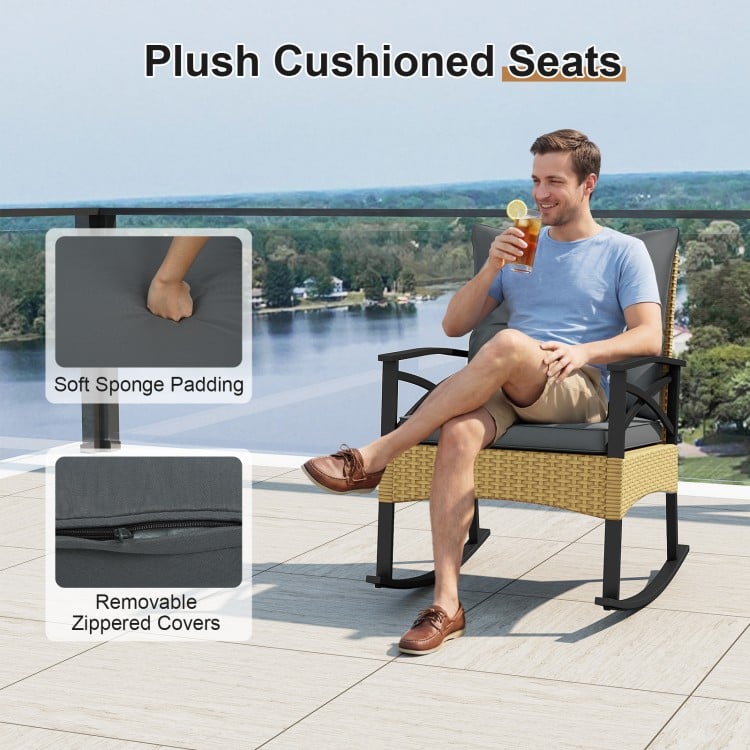 3 Pieces Outdoor Rattan Rocking Chairs Set with 2-Tier Side Table for Garden Backyard-Gray
