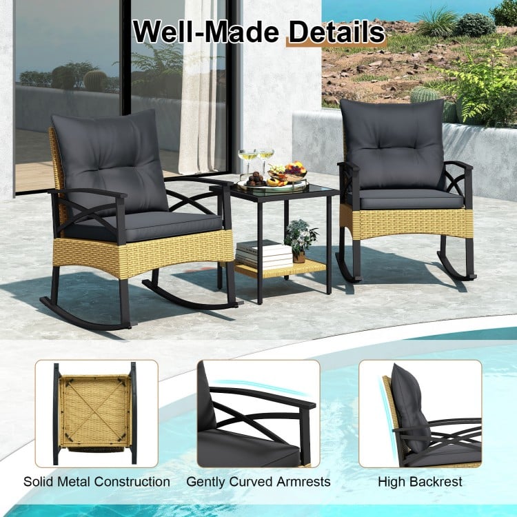 3 Pieces Outdoor Rattan Rocking Chairs Set with 2-Tier Side Table for Garden Backyard-Gray