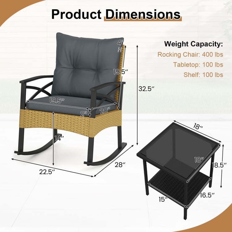 3 Pieces Outdoor Rattan Rocking Chairs Set with 2-Tier Side Table for Garden Backyard-Gray