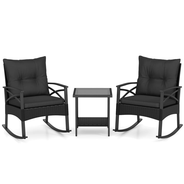 3 Pieces Outdoor Rattan Rocking Chairs Set with 2-Tier Side Table for Garden Backyard-Black