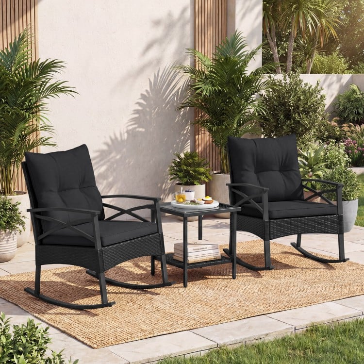 3 Pieces Outdoor Rattan Rocking Chairs Set with 2-Tier Side Table for Garden Backyard-Black