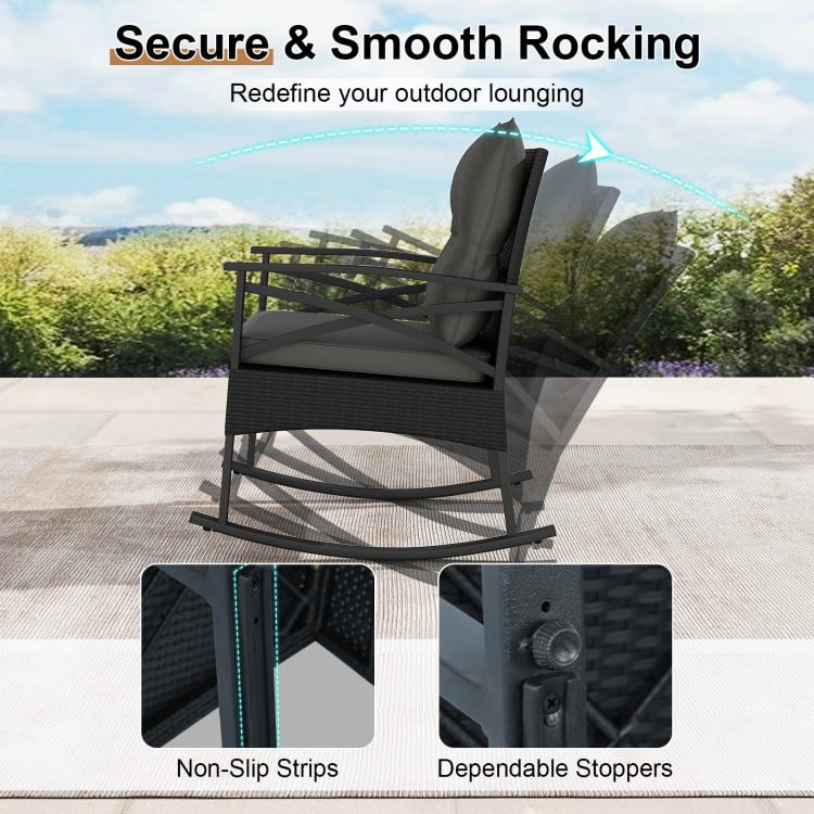 3 Pieces Outdoor Rattan Rocking Chairs Set with 2-Tier Side Table for Garden Backyard-Black