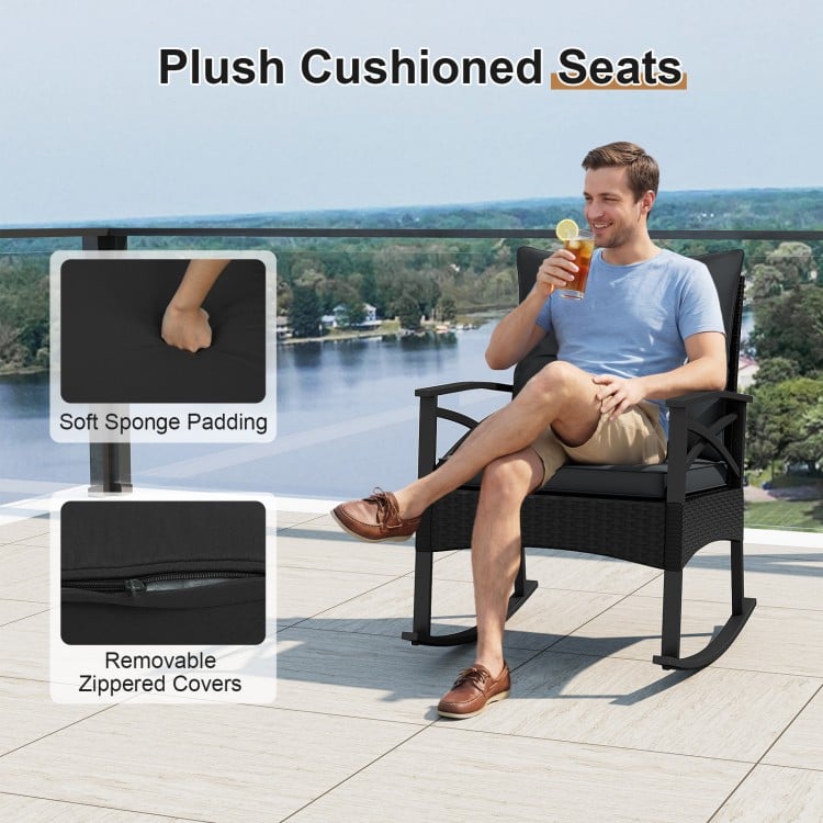 3 Pieces Outdoor Rattan Rocking Chairs Set with 2-Tier Side Table for Garden Backyard-Black