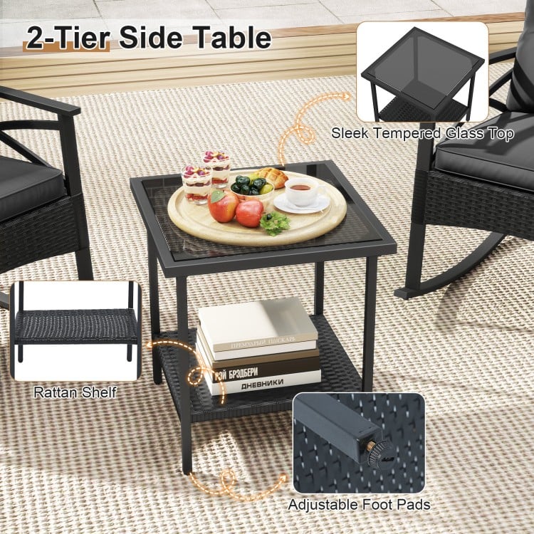 3 Pieces Outdoor Rattan Rocking Chairs Set with 2-Tier Side Table for Garden Backyard-Black