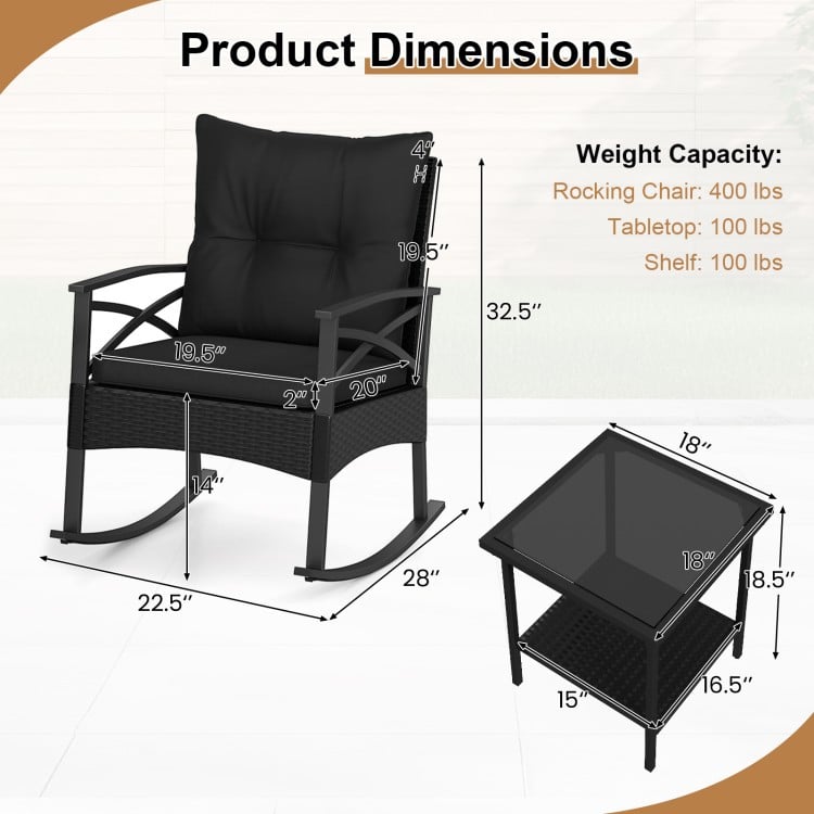 3 Pieces Outdoor Rattan Rocking Chairs Set with 2-Tier Side Table for Garden Backyard-Black