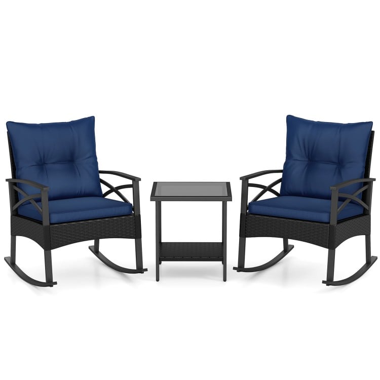 3 Pieces Outdoor Rattan Rocking Chairs Set with 2-Tier Side Table for Garden Backyard-Navy