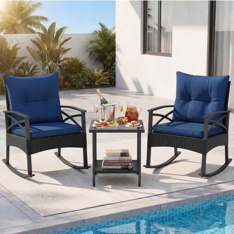 3 Pieces Outdoor Rattan Rocking Chairs Set with 2-Tier Side Table for Garden Backyard-Navy