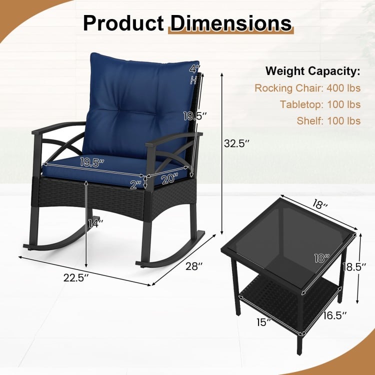 3 Pieces Outdoor Rattan Rocking Chairs Set with 2-Tier Side Table for Garden Backyard-Navy