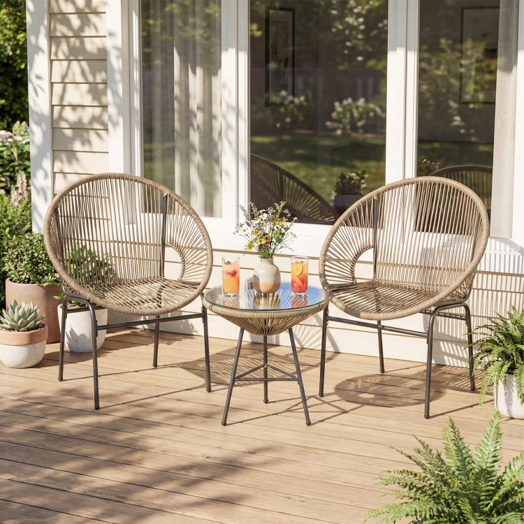3 Pieces Patio Acapulco Furniture Bistro Set with Glass Table-Brown