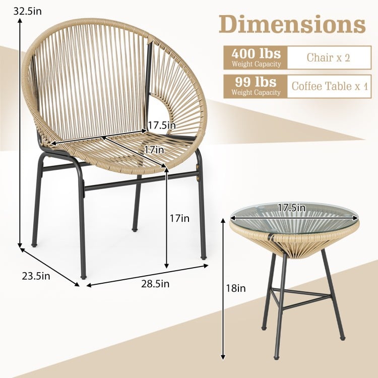 3 Pieces Patio Acapulco Furniture Bistro Set with Glass Table-Brown