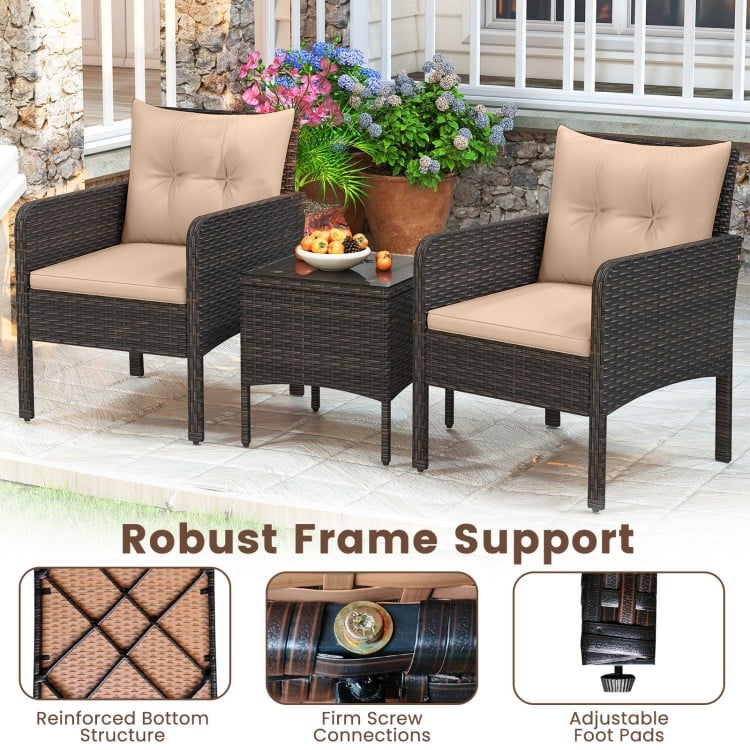 3 Pieces Patio PE Wicker Furniture Set with Cushions for Porch and Balcony-Beige