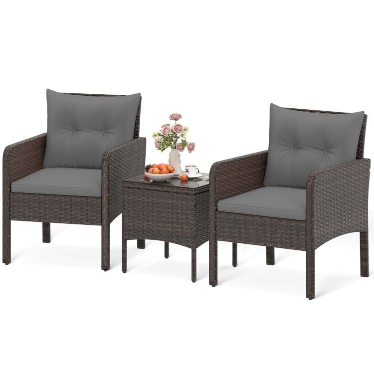 3 Pieces Patio PE Wicker Furniture Set with Cushions for Porch and Balcony-Gray