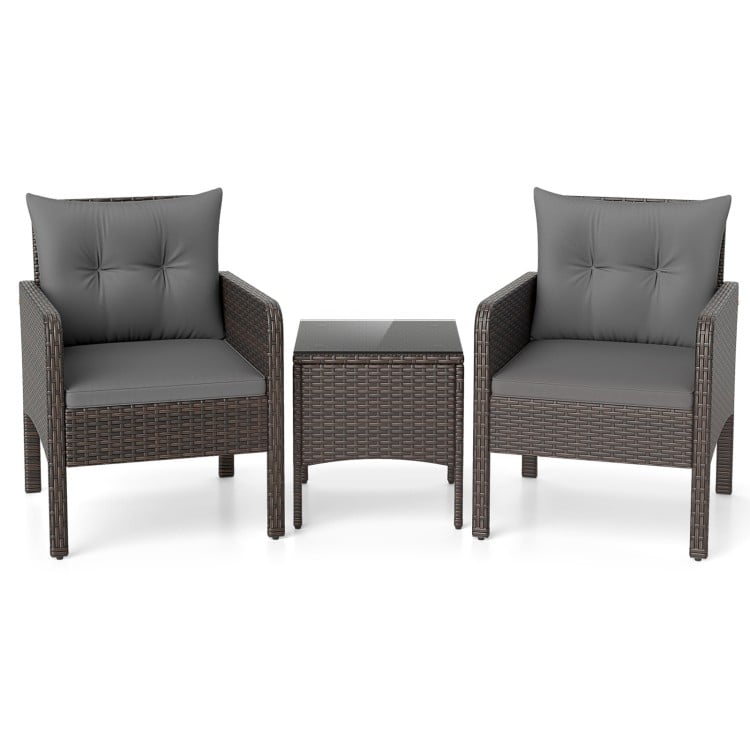 3 Pieces Patio PE Wicker Furniture Set with Cushions for Porch and Balcony-Gray