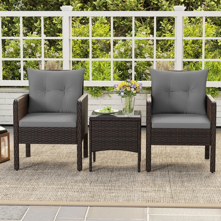 3 Pieces Patio PE Wicker Furniture Set with Cushions for Porch and Balcony-Gray