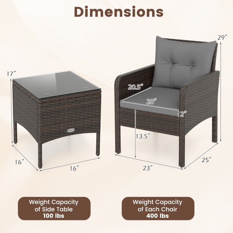 3 Pieces Patio PE Wicker Furniture Set with Cushions for Porch and Balcony-Gray