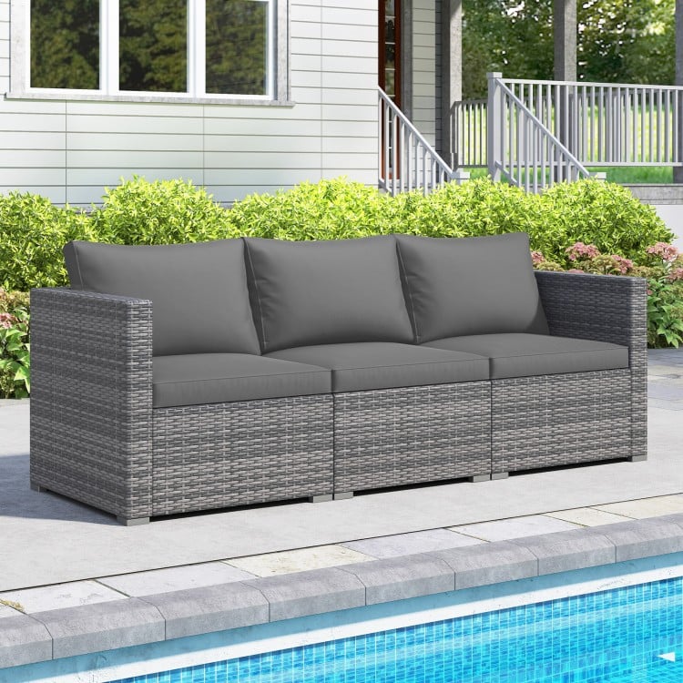 3 Pieces Patio Sectional Sofa Set PE Rattan Modular Couch Furniture Set with Soft Cushions-Gray