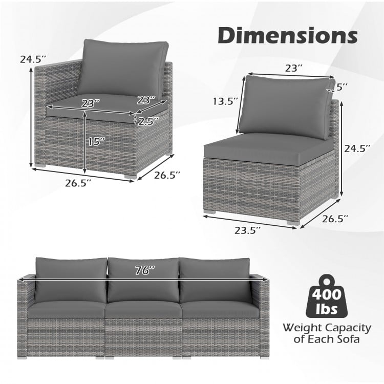3 Pieces Patio Sectional Sofa Set PE Rattan Modular Couch Furniture Set with Soft Cushions-Gray