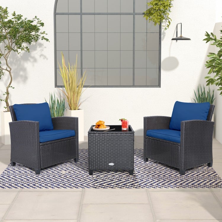 3 Pieces Rattan Patio Furniture Set with Washable Cushion-Peacock Blue
