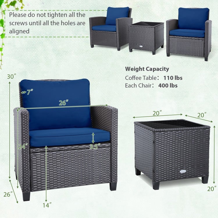 3 Pieces Rattan Patio Furniture Set with Washable Cushion-Peacock Blue
