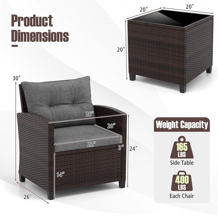 3 Pieces Rattan Patio Furniture Set with Washable Cushion-Gray
