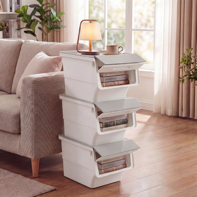 3 Pieces Storage Bins on Wheels Stackable Plastic Boxes with Stay-Open Lid (M)-Gray