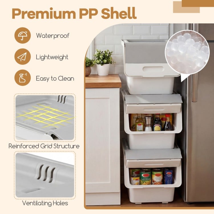 3 Pieces Storage Bins on Wheels Stackable Plastic Boxes with Stay-Open Lid (M)-Gray