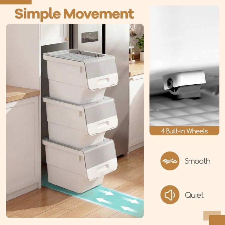 3 Pieces Storage Bins on Wheels Stackable Plastic Boxes with Stay-Open Lid (M)-Gray