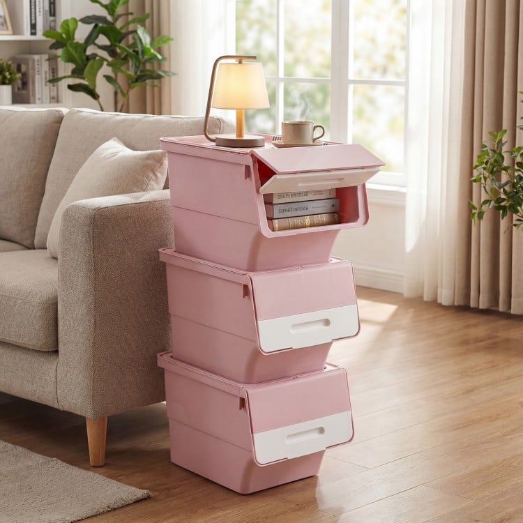 3 Pieces Storage Bins on Wheels Stackable Plastic Boxes with Stay-Open Lid (M)-Pink