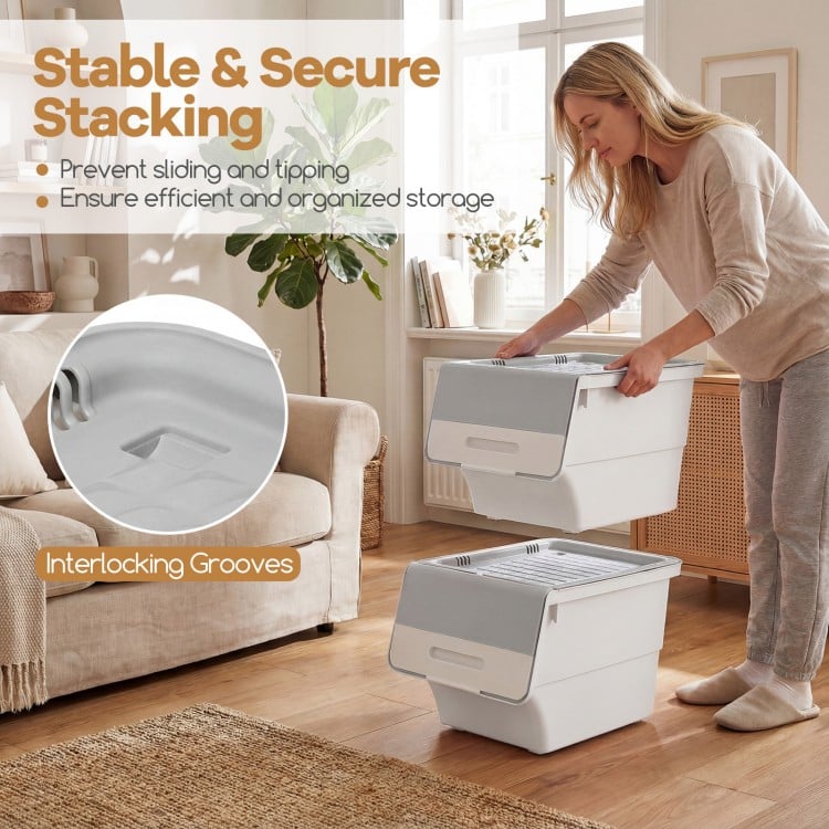 3 Pieces Storage Bins on Wheels Stackable Plastic Boxes with Stay-Open Lid (S)-Gray