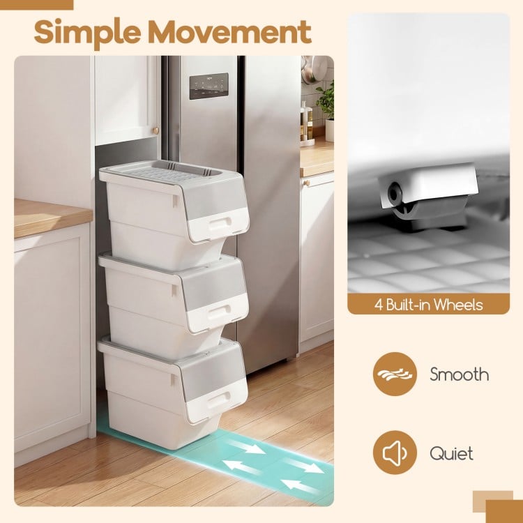 3 Pieces Storage Bins on Wheels Stackable Plastic Boxes with Stay-Open Lid (S)-Gray