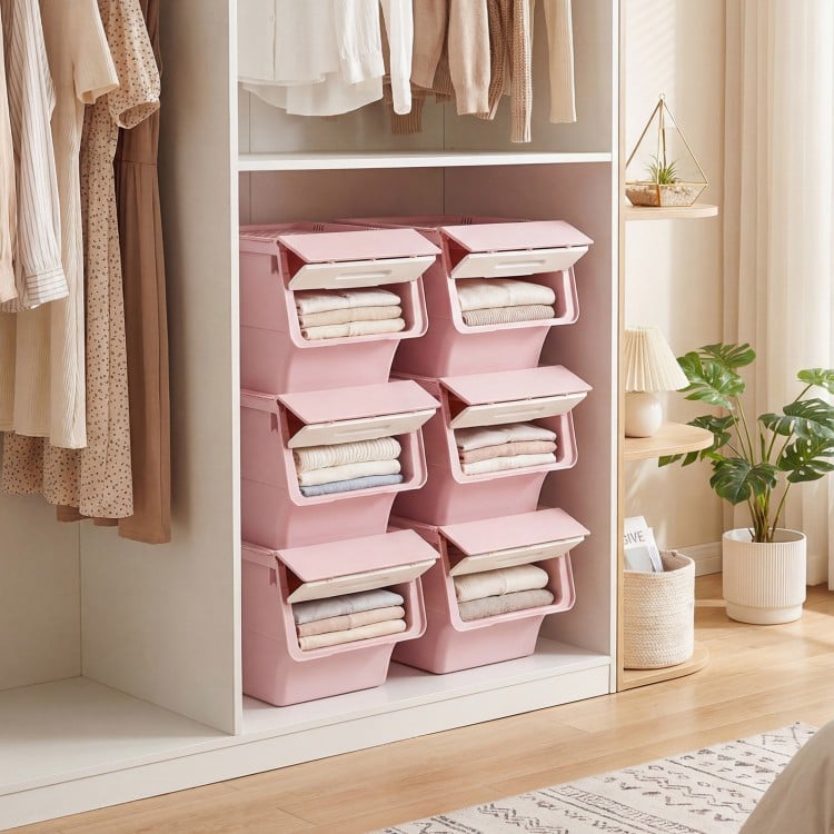 3 Pieces Storage Bins on Wheels Stackable Plastic Boxes with Stay-Open Lid (S)-Pink