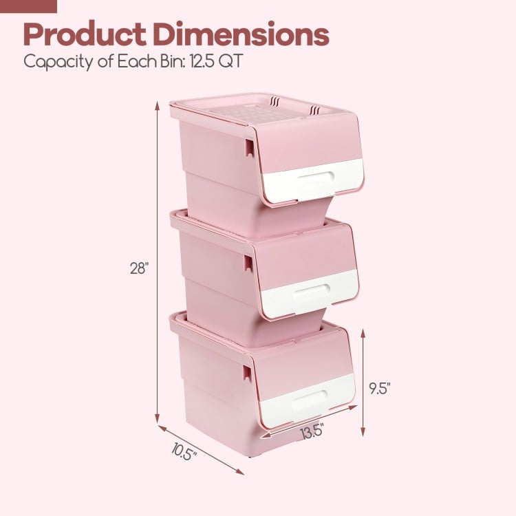 3 Pieces Storage Bins on Wheels Stackable Plastic Boxes with Stay-Open Lid (S)-Pink