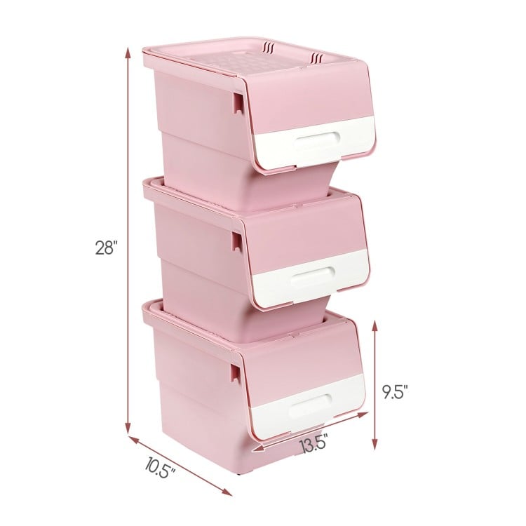 3 Pieces Storage Bins on Wheels Stackable Plastic Boxes with Stay-Open Lid (S)-Pink