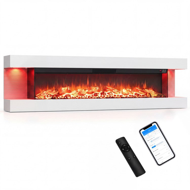 60" 3-Sided Wall-Mount Electric Fireplace with Floating Mantel, WiFi & 12 Flame Colors – White