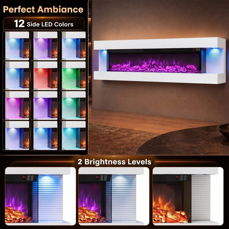 60" 3-Sided Wall-Mount Electric Fireplace with Floating Mantel, WiFi & 12 Flame Colors – White