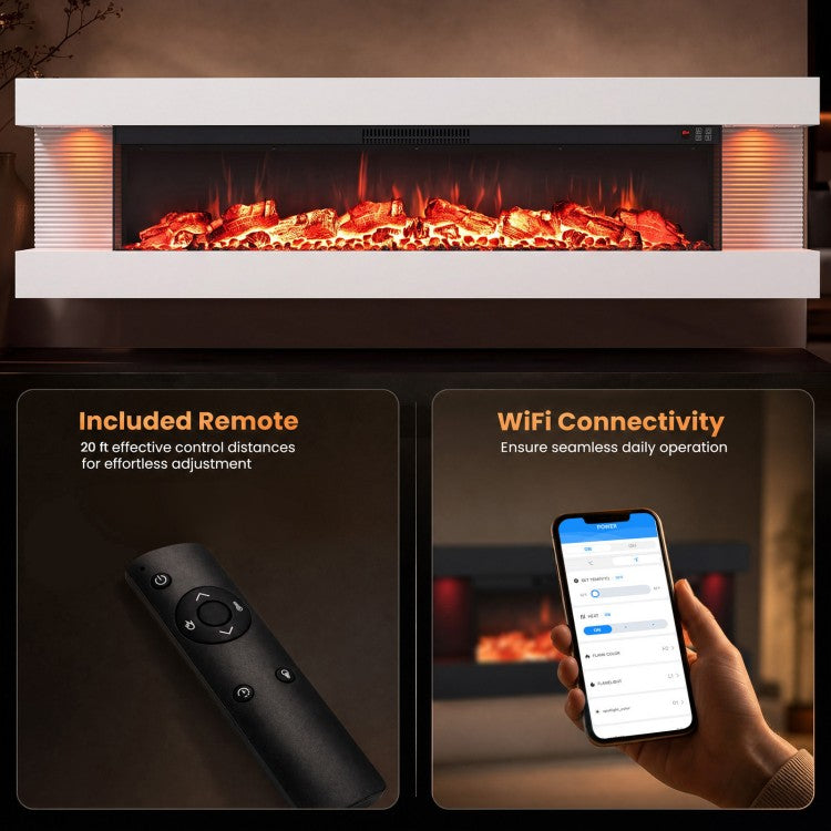 60" 3-Sided Wall-Mount Electric Fireplace with Floating Mantel, WiFi & 12 Flame Colors – White