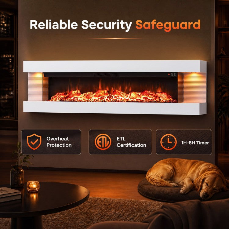 60" 3-Sided Wall-Mount Electric Fireplace with Floating Mantel, WiFi & 12 Flame Colors – White